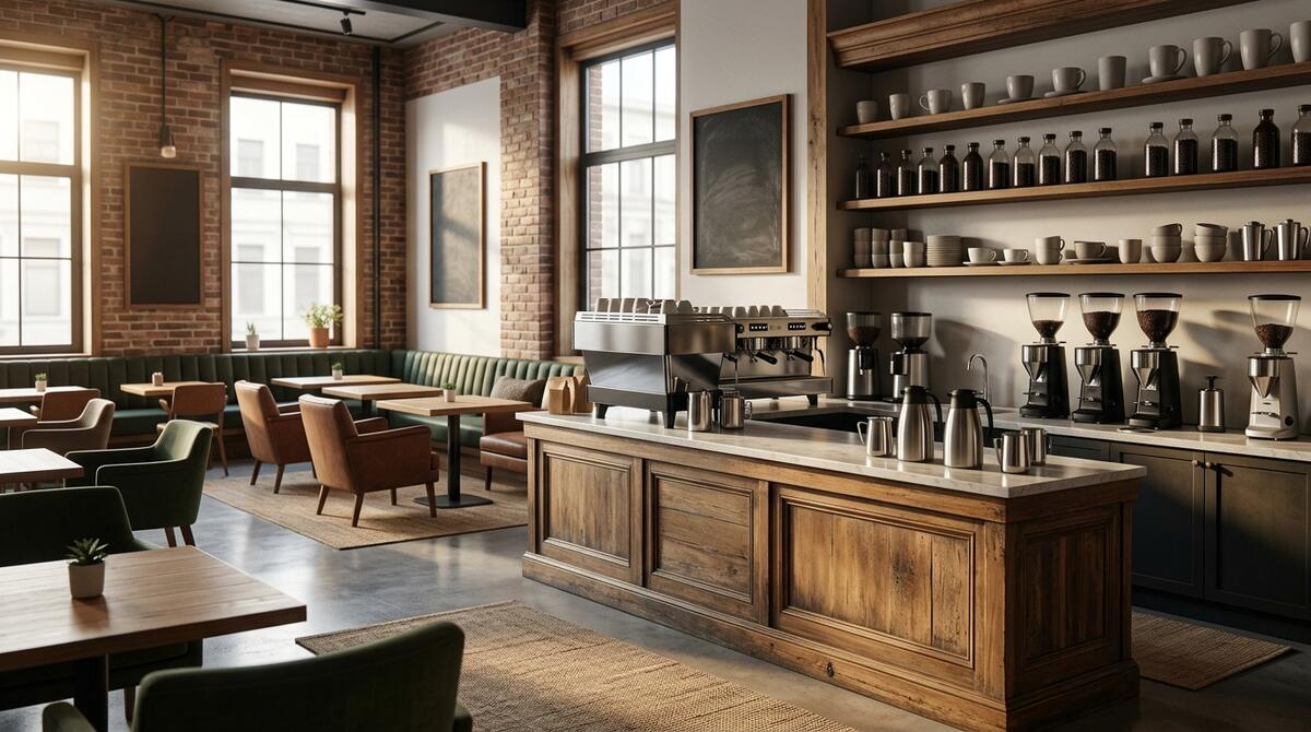 Interior de una cafetería con barra de madera, máquina de espresso, molinillos y repisas con tazas, junto a sillones y mesas