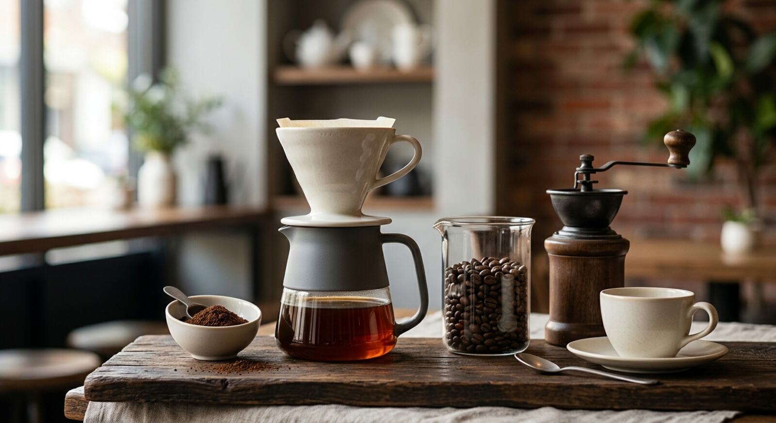 Cafetera de goteo con filtro de cerámica sobre una jarra con café recién filtrado, junto a un frasco de granos, un molinillo manual y una taza blanca sobre una mesa de madera