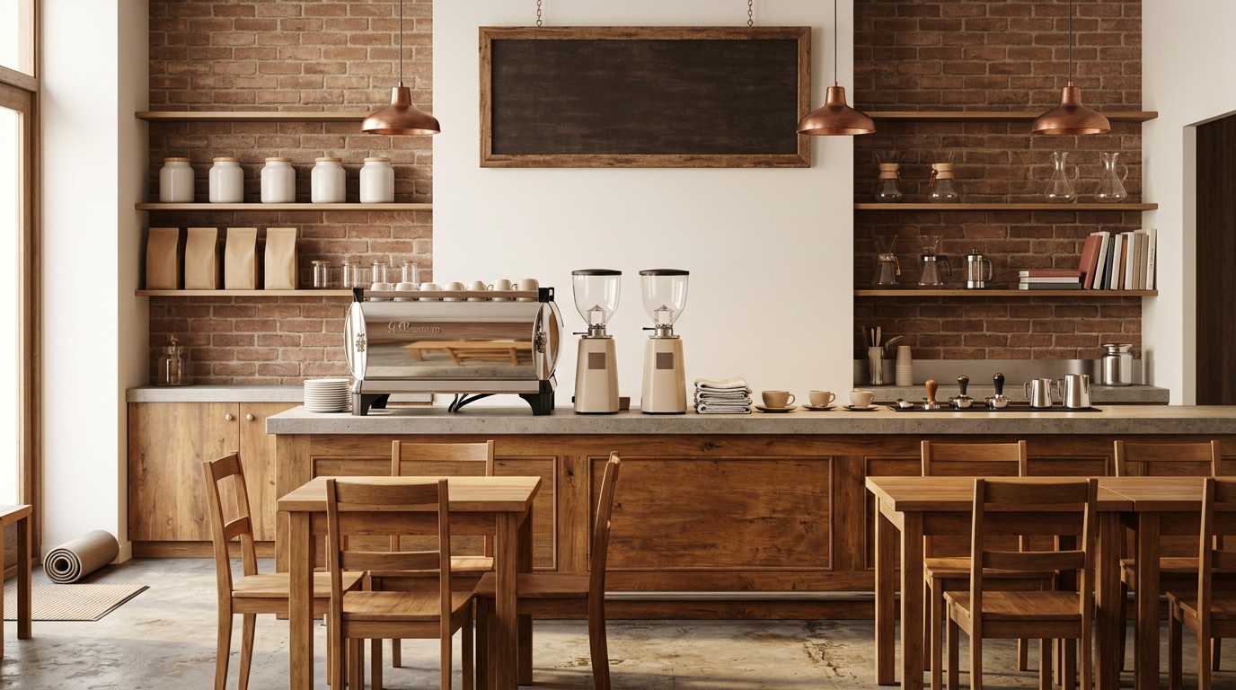 Cafetería con muros de ladrillo, lámparas de cobre, barra de madera con máquina de espresso y mesas de madera