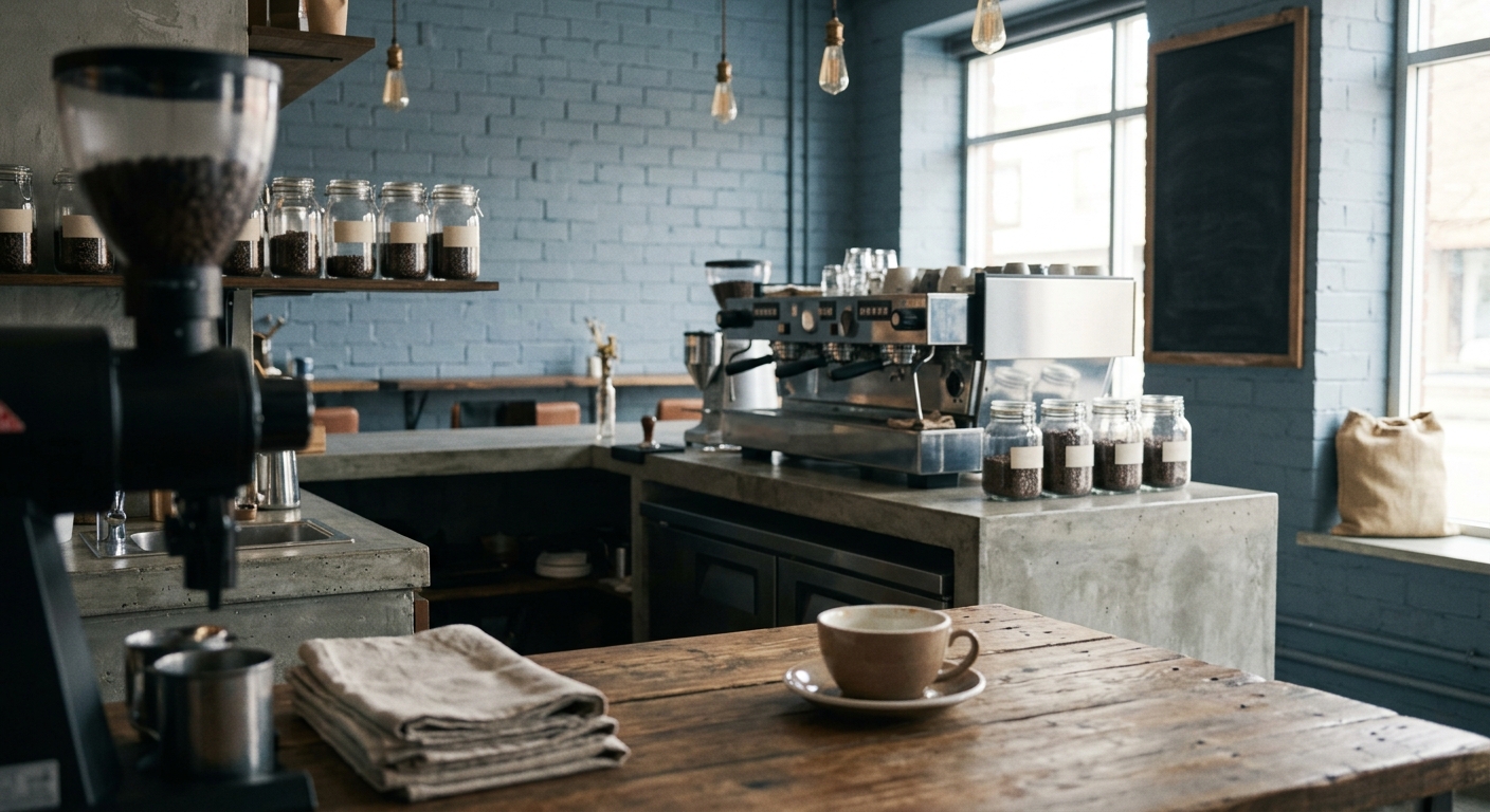 Barra de café con máquina de espresso, frascos de café en grano y una taza sobre una mesa de madera